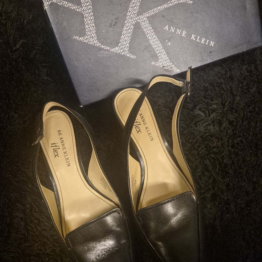 Anne Klein Black Leather Slingback Loafer Flats
